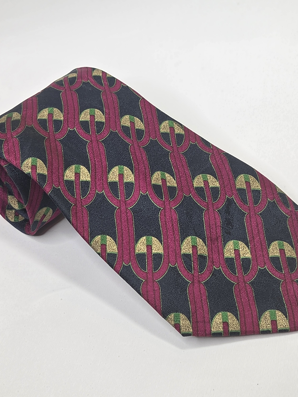 Brioni Mens Black and Purple Geometric Silk Tie with Gold and Green Accents
